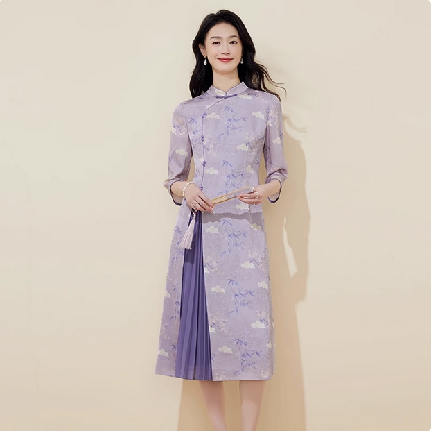 黛玛诗春新款紫色印花连衣裙日常新中式国风改良旗袍女高端